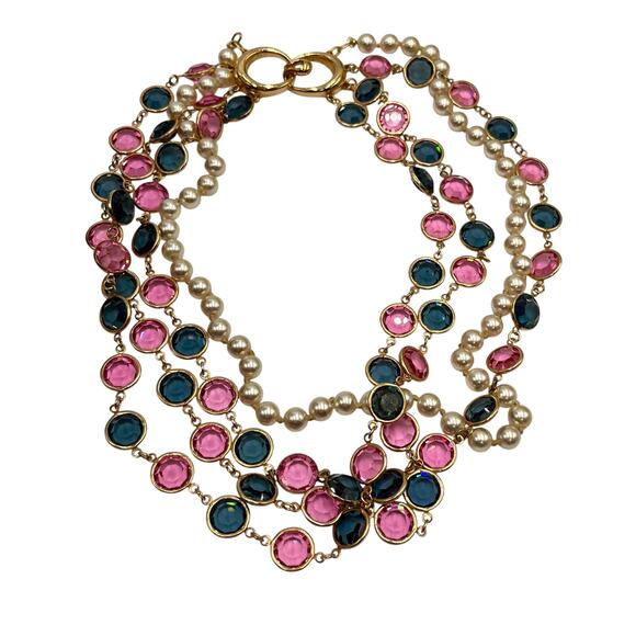 D.S. Co. Daniel Swarovski Vintage Triple Strand Pearl Pink Blue Crystal Necklace - Picture 9 of 11